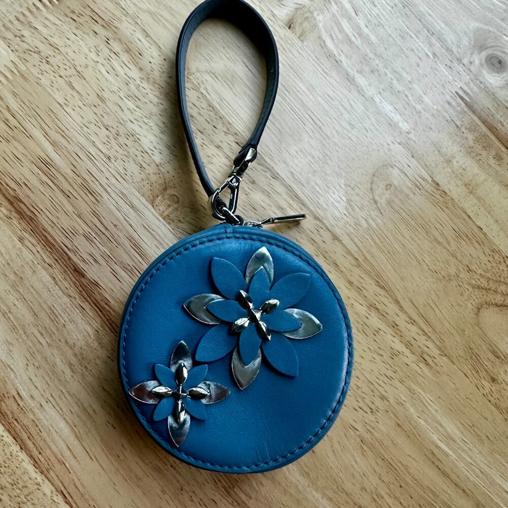 Michael Kors Round Wristlet Purse | Moonlight Blue Leather | Floral Appliqué